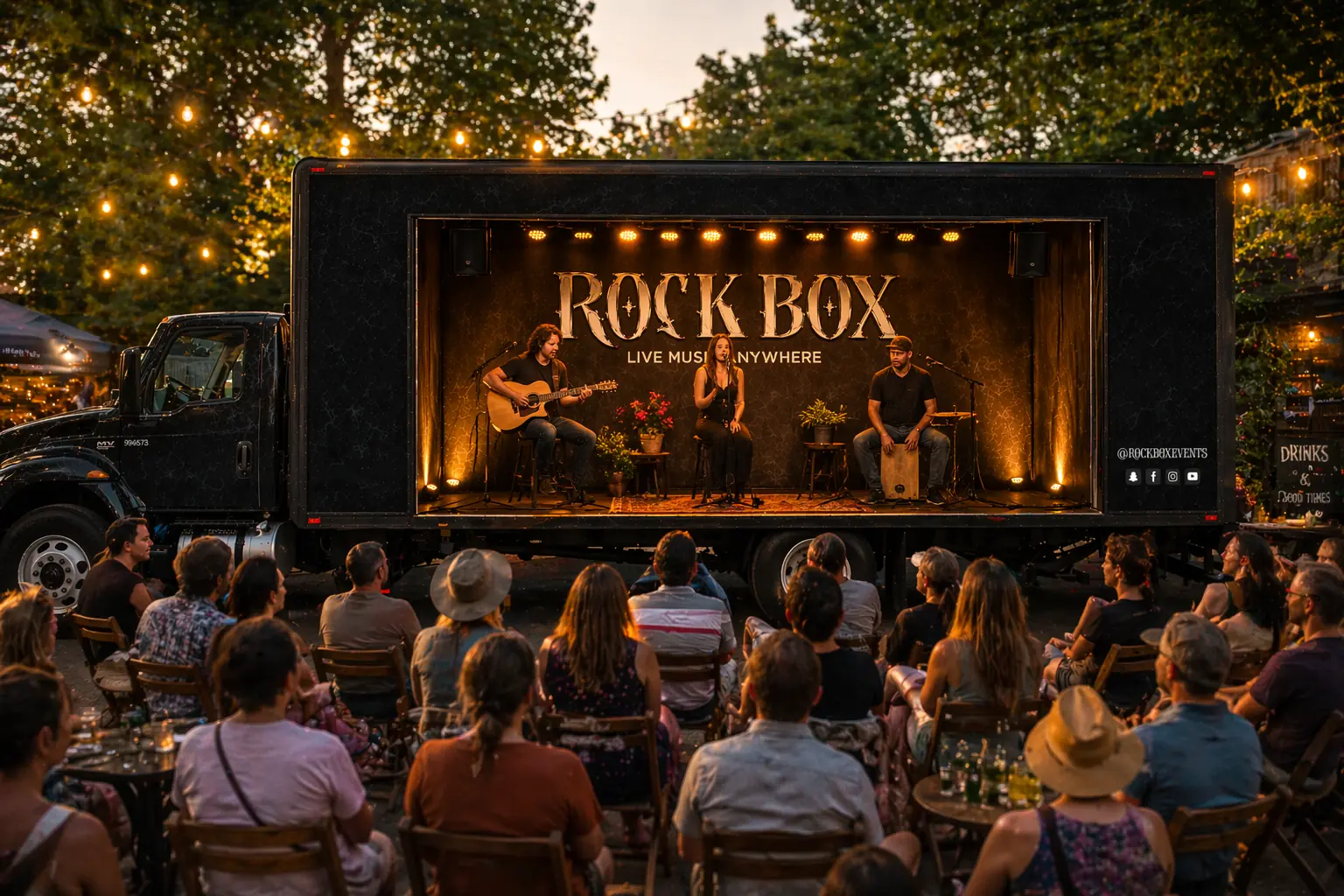 Acoustic trio performing on the warmly lit Rock Box stage to a seated patio crowd