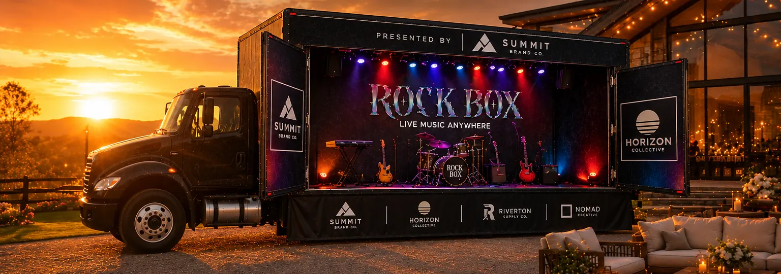 Rock Box open at sunset with sponsor logos on the header, swing-out panels and stage skirt