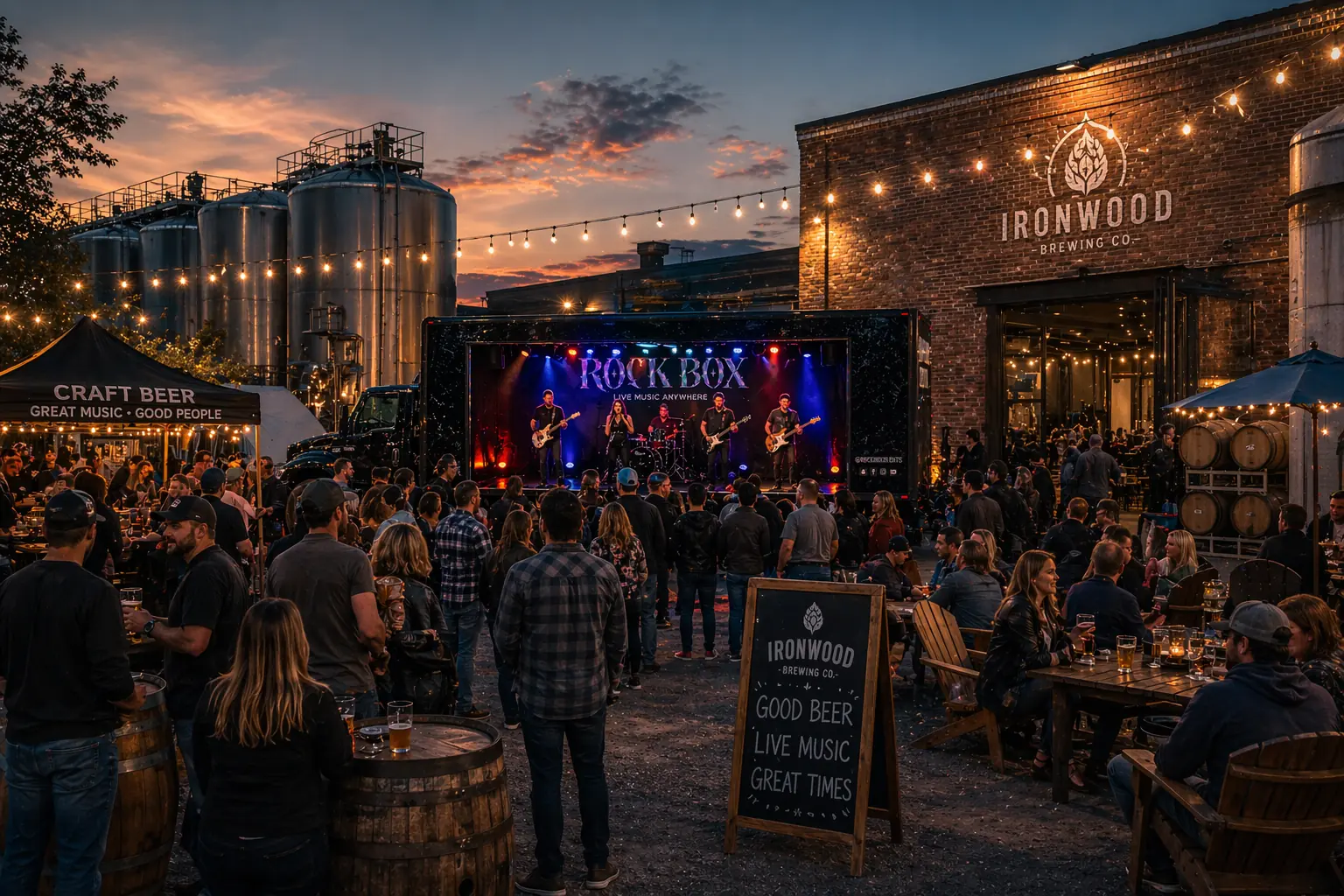Rock Box truck open as a lit stage, with a band playing to a brewery crowd at dusk