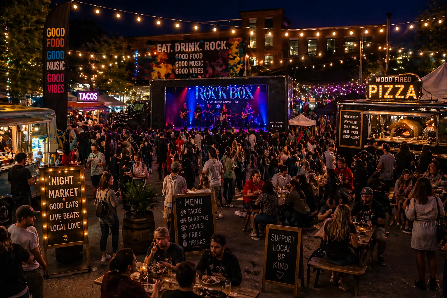 Rock Box at a night market surrounded by food trucks