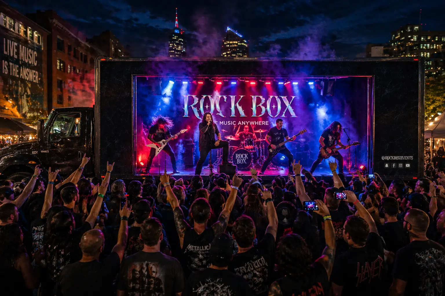 Rock band on Rock Box at a downtown night show