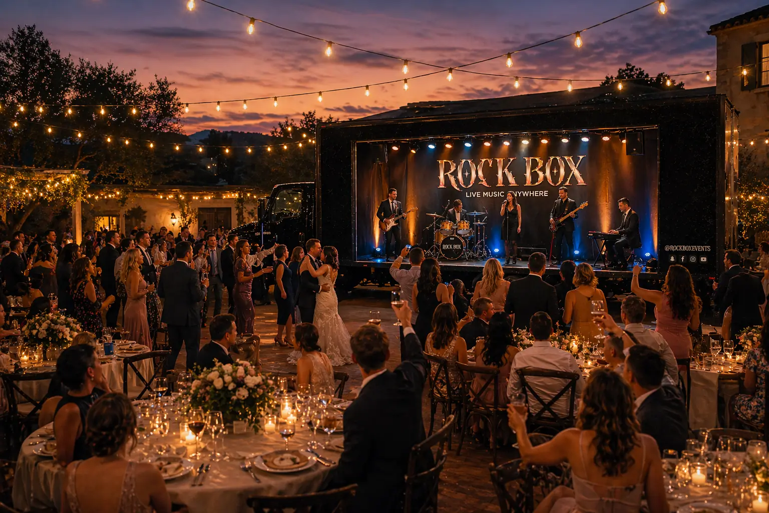 Band on Rock Box at an outdoor wedding reception